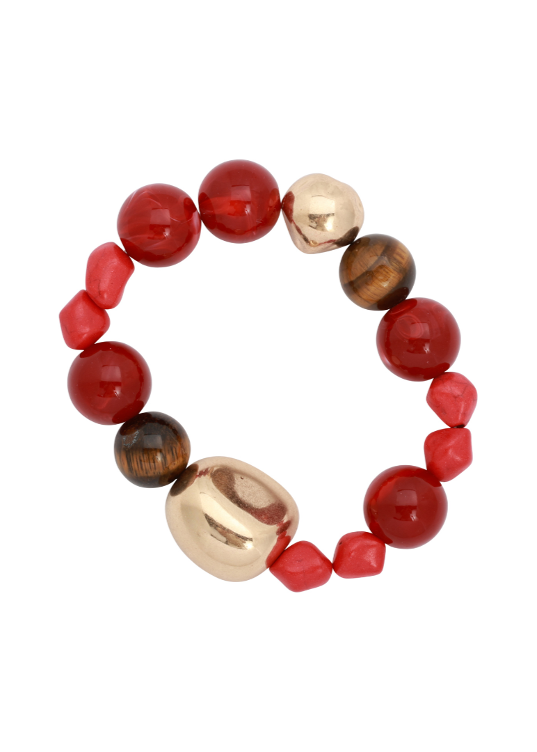 Merx - Matte Gold & Red Mix Bead Stretch Bracelet