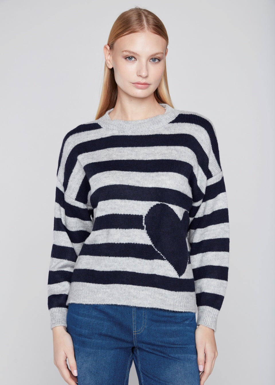 Compli K - Striped Heart Intarsia Crew Neck Sweater