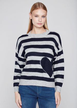 Compli K - Striped Heart Intarsia Crew Neck Sweater