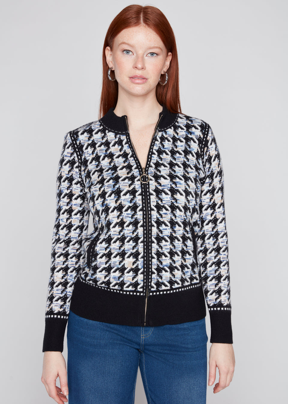 Compli K - Houndstooth Zip-Front Knit Jacket
