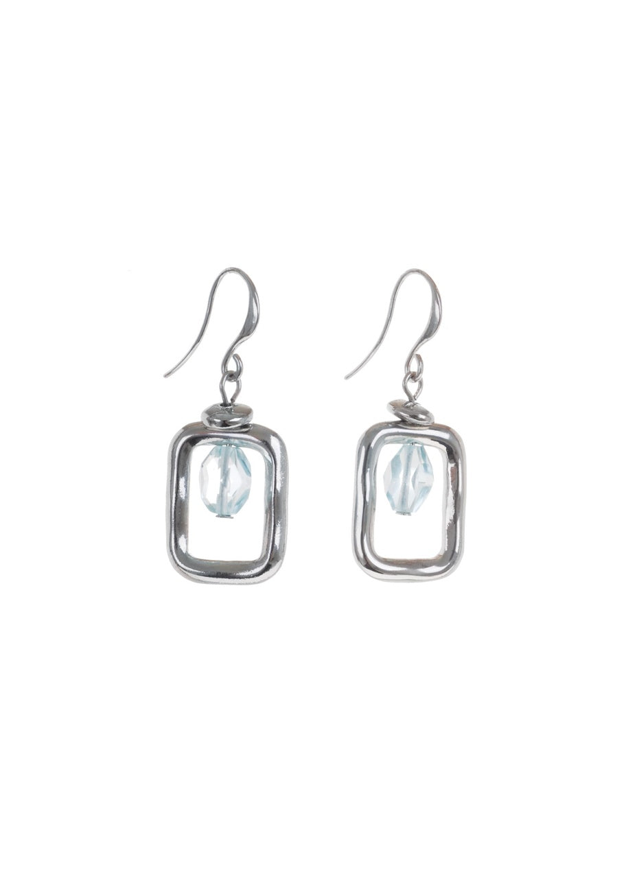 Silver-Tone Rectangle Frame & Blue Crystal Drop Earrings