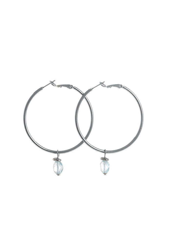 Silver-Tone Large Hoop & Blue Crystal Charm Earrings