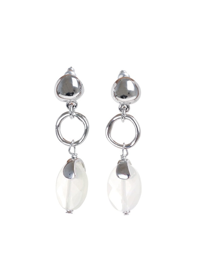 Silver-Tone Pebble Stud & White Oval Stone Drop Earrings