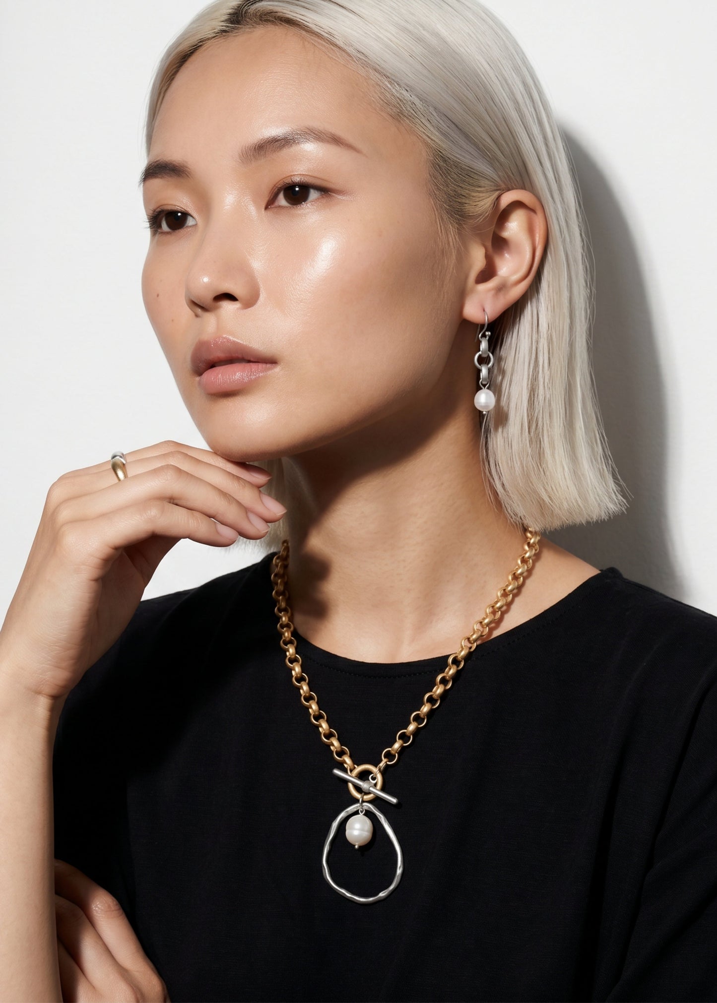 Merx - Gold Chain & Pearl Organic Ring Pendant Necklace