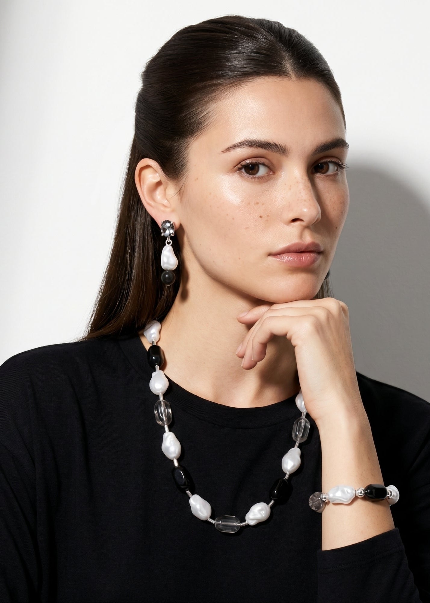 Merx - Faux Pearl & Resin Oval Bead Statement Necklace