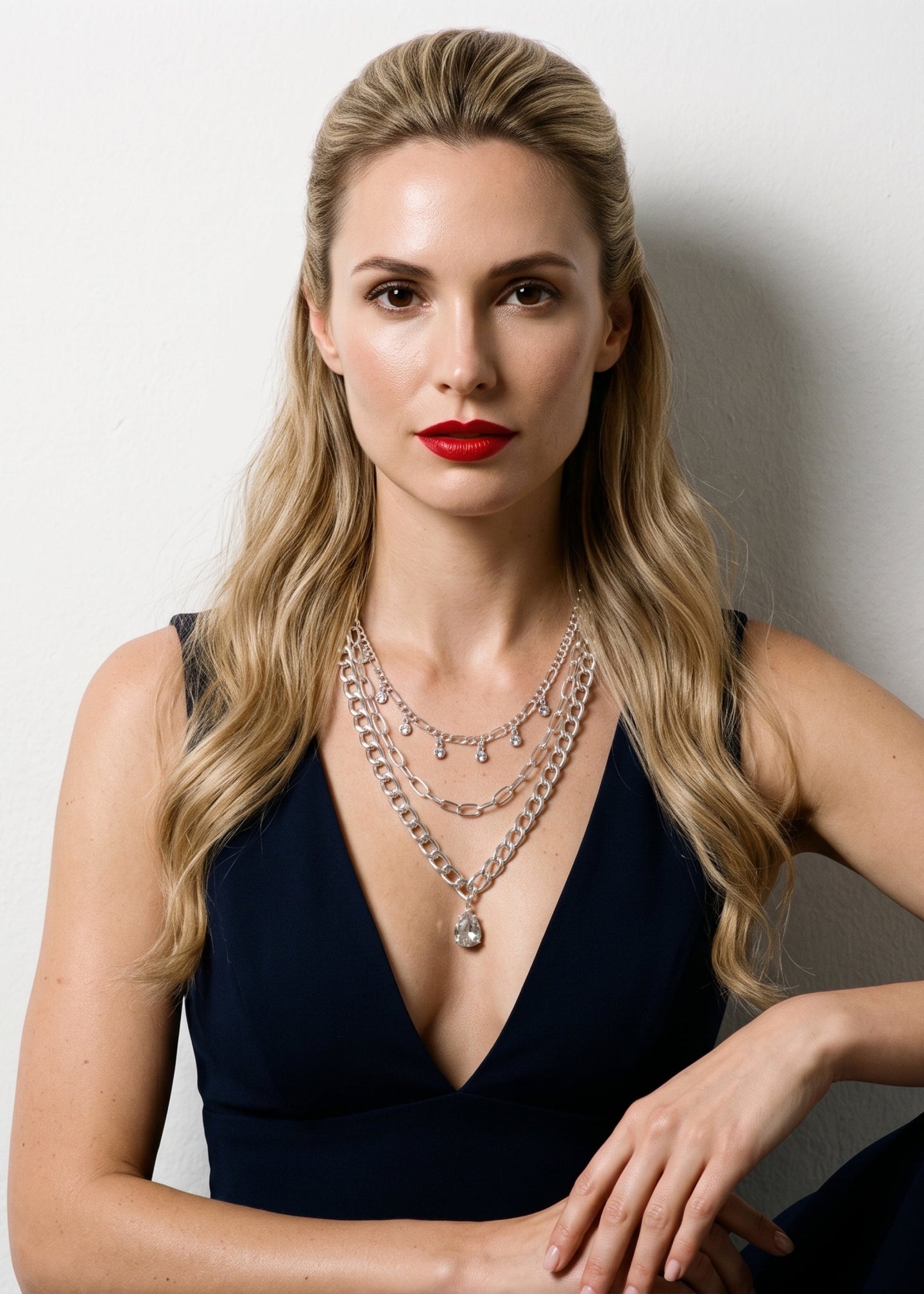Merx - Triple Strand Silver Chain & Crystal Drop Necklace