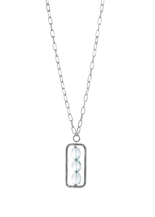 Silver-Tone Chain & Aqua Crystal Rectangle Frame Pendant Necklace