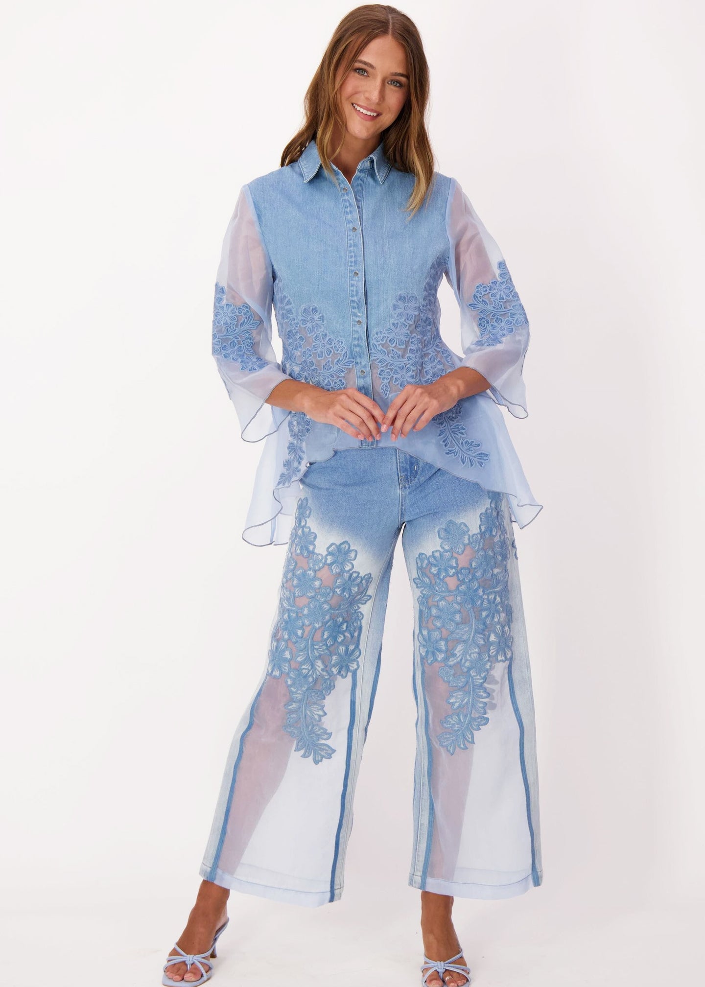 Spanner - Floral Embroidered Denim Organza Shirt - SALE