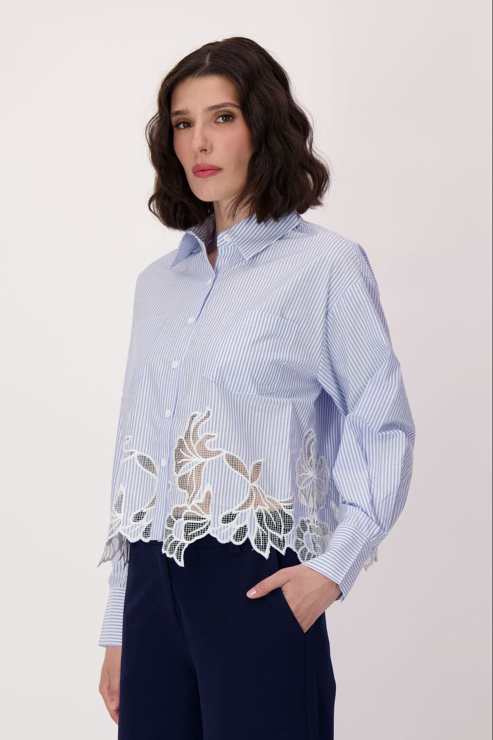 Spanner - Striped Cutwork Embroidered Hem Cotton Shirt - SALE