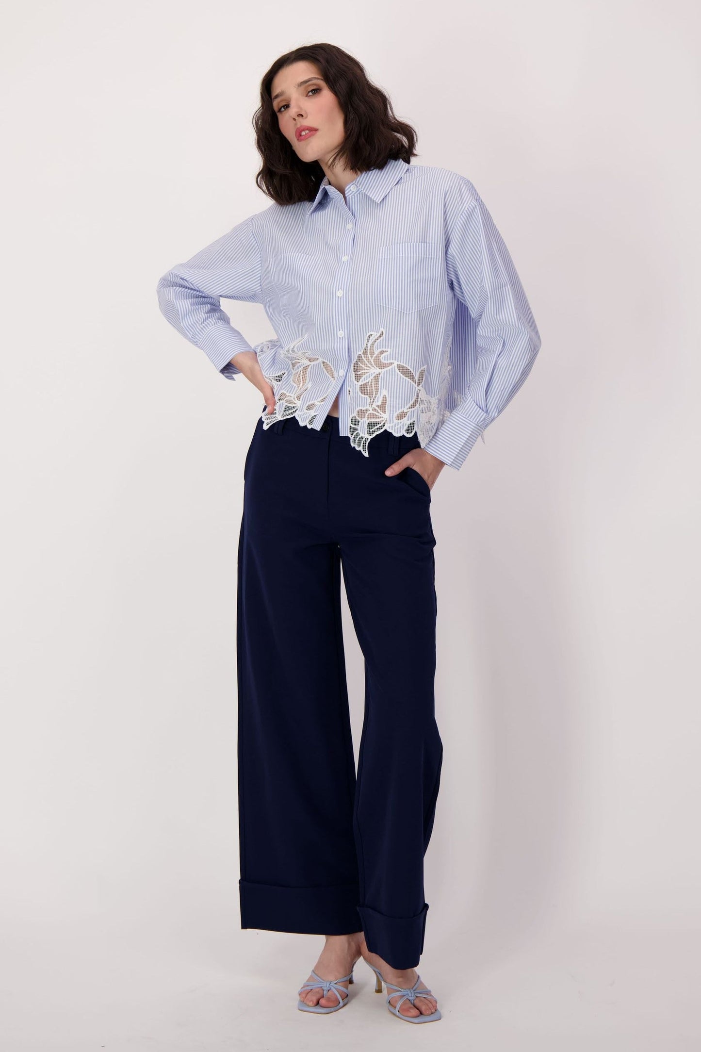 Spanner - Striped Cutwork Embroidered Hem Cotton Shirt - SALE