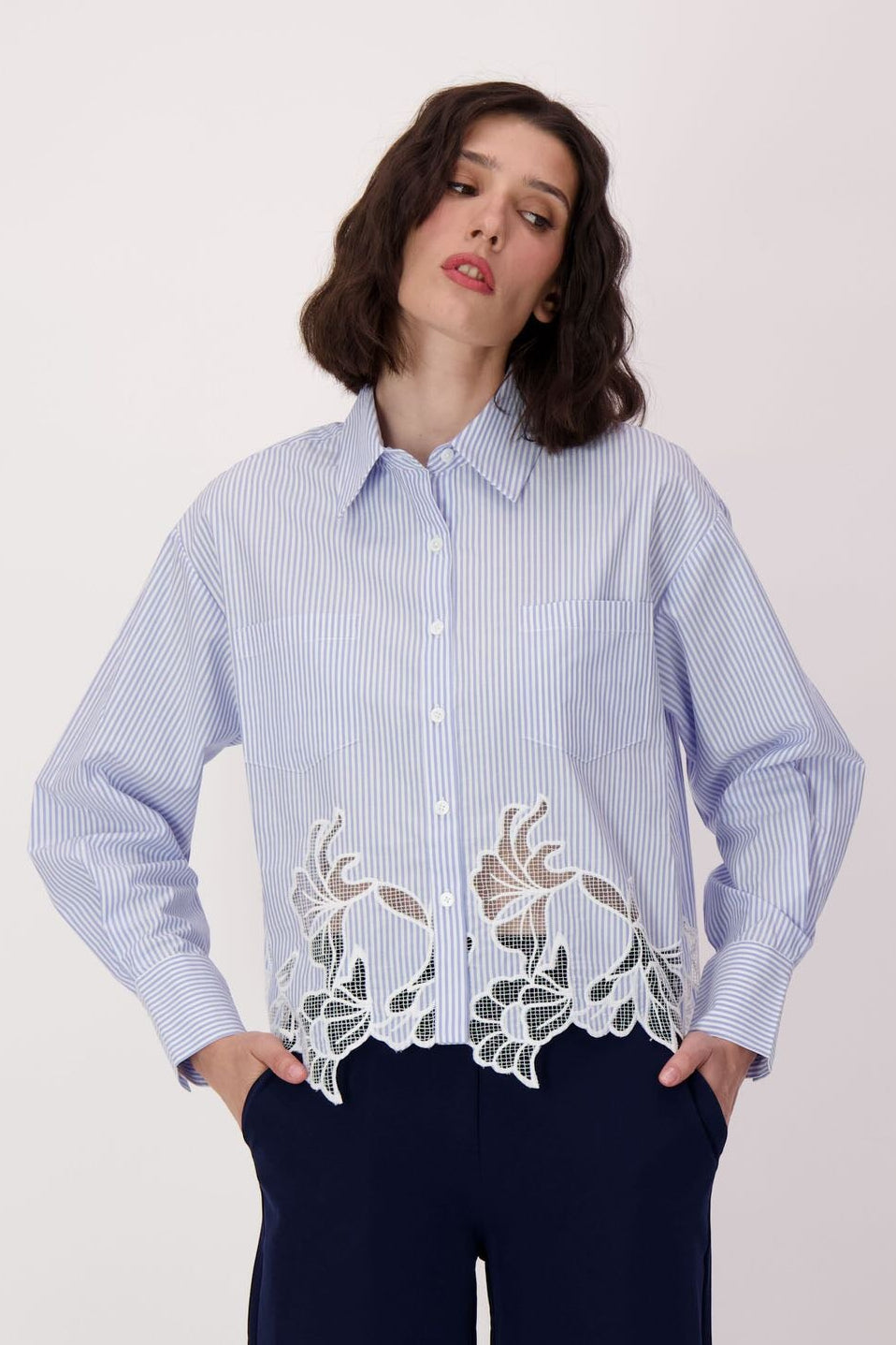 Spanner - Striped Cutwork Embroidered Hem Cotton Shirt - SALE