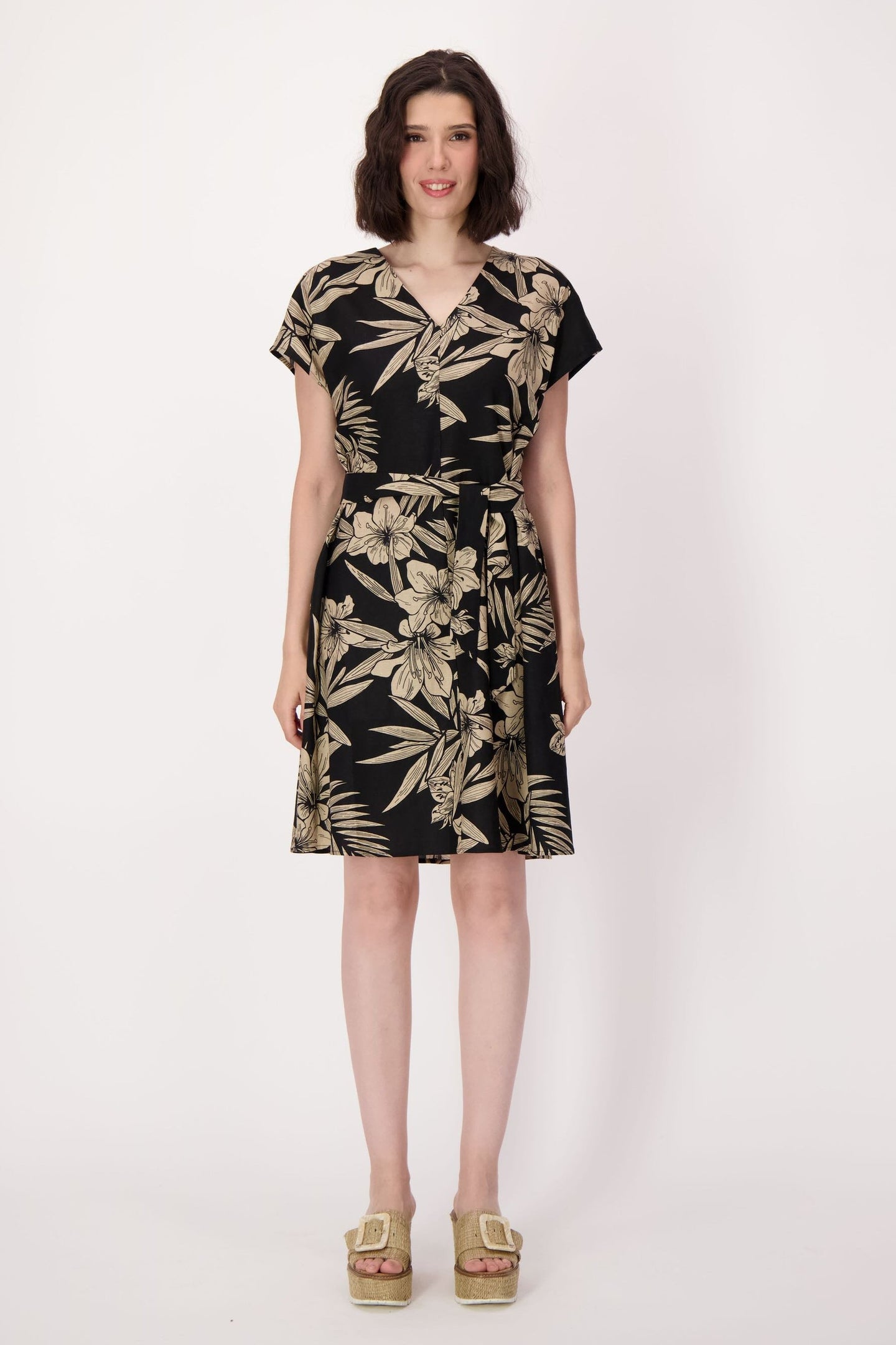 Spanner - Natural Floral Waist Tie Linen-Blend Dress - SALE