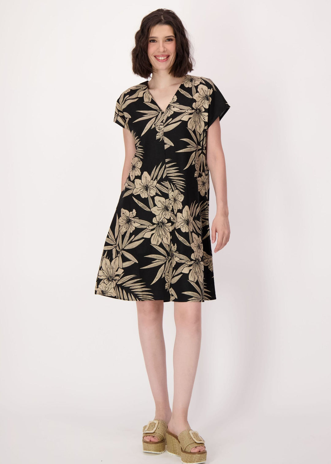Spanner - Natural Floral Waist Tie Linen-Blend Dress