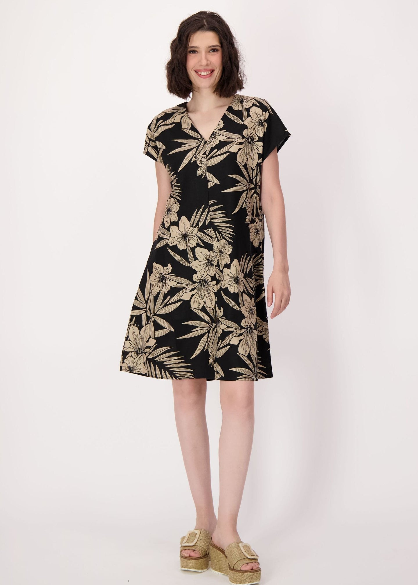 Spanner - Natural Floral Waist Tie Linen-Blend Dress