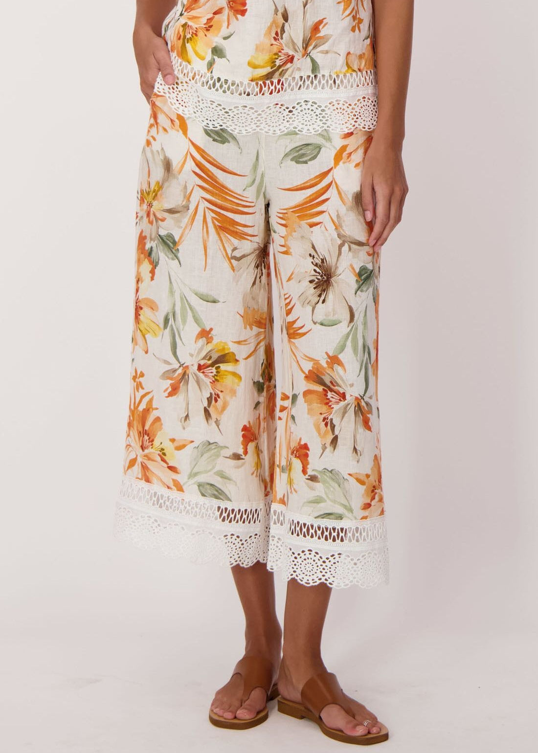 Spanner - Sunset Palm Lace Hem Linen Capri - SALE