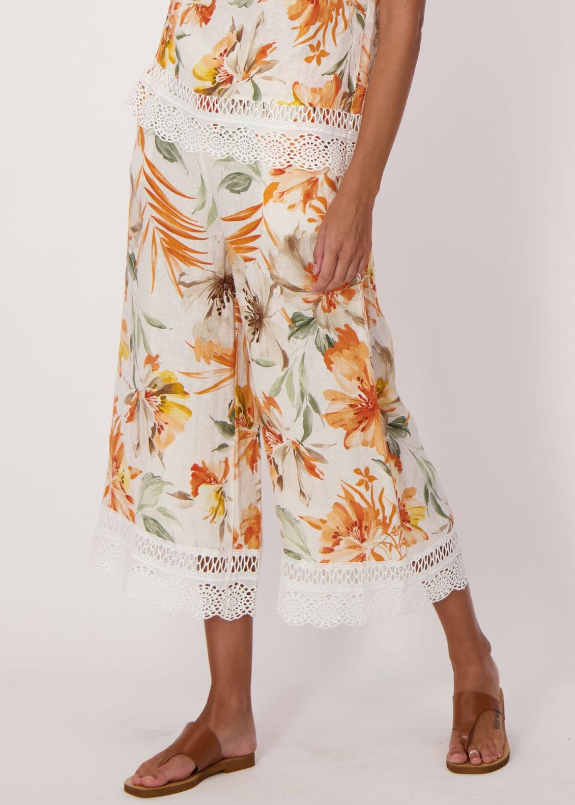 Spanner - Sunset Palm Lace Hem Linen Capri - SALE