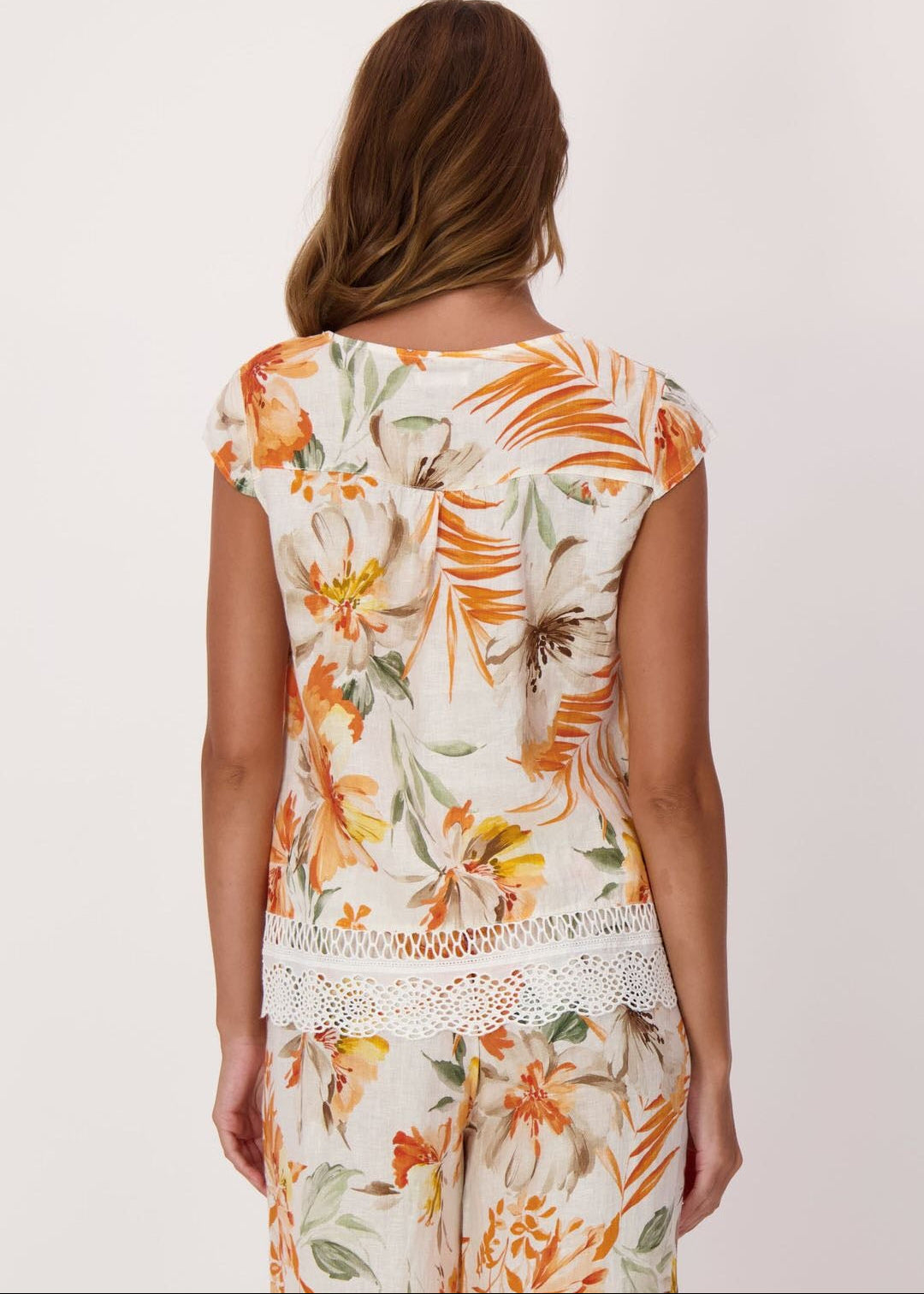Spanner - Sunset Palm Lace Hem Linen Top - SALE