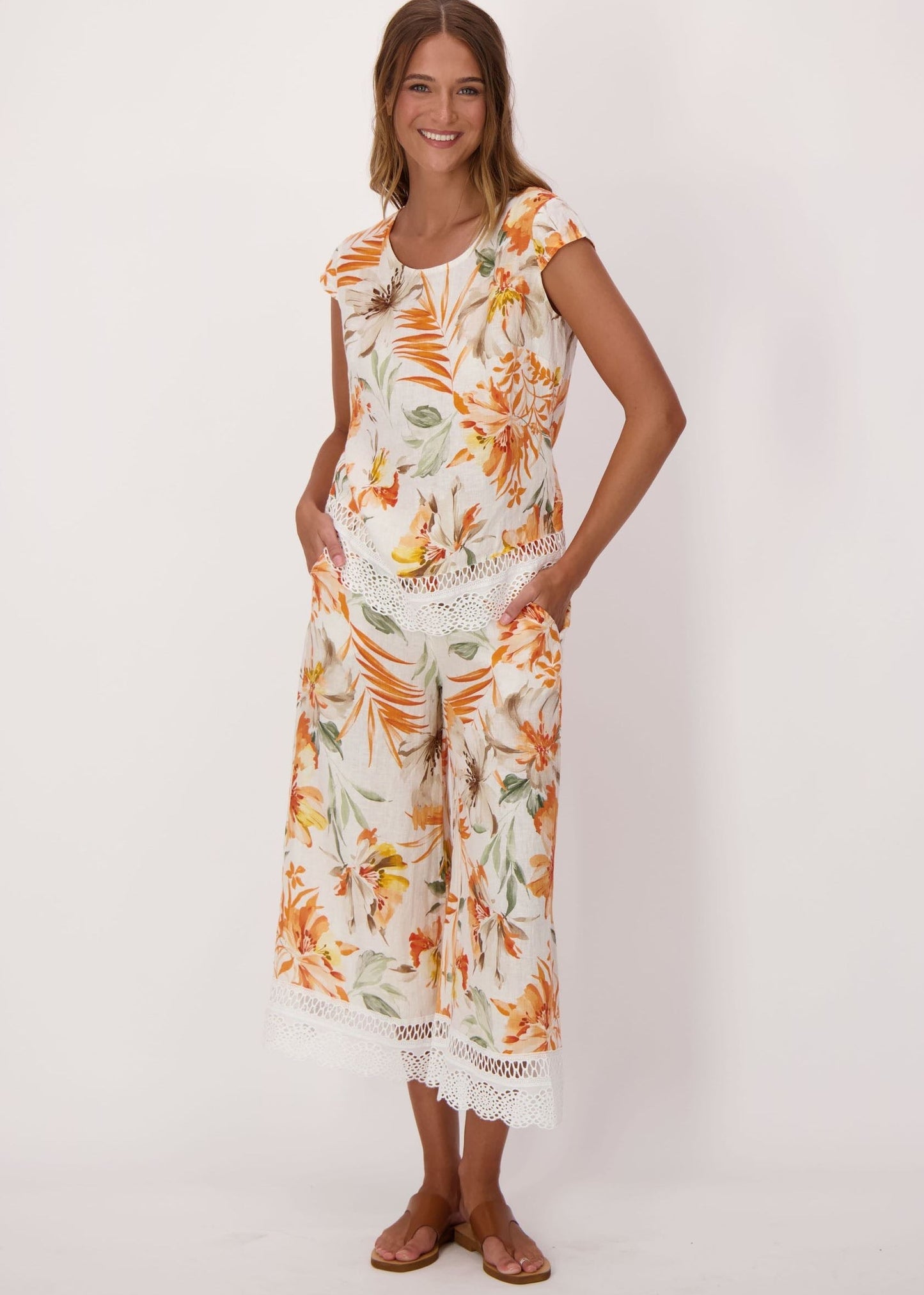 Spanner - Sunset Palm Lace Hem Linen Capri - SALE