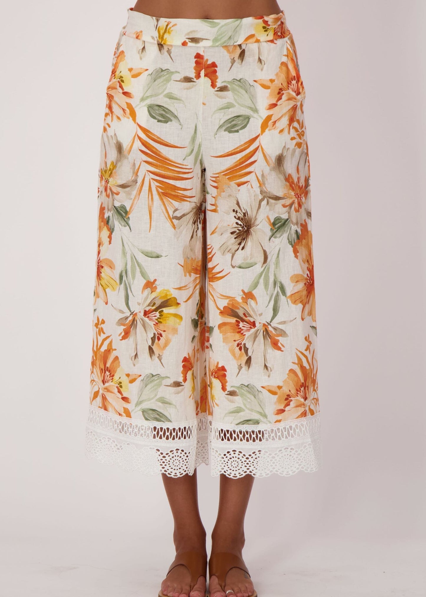 Spanner - Sunset Palm Lace Hem Linen Capri - SALE