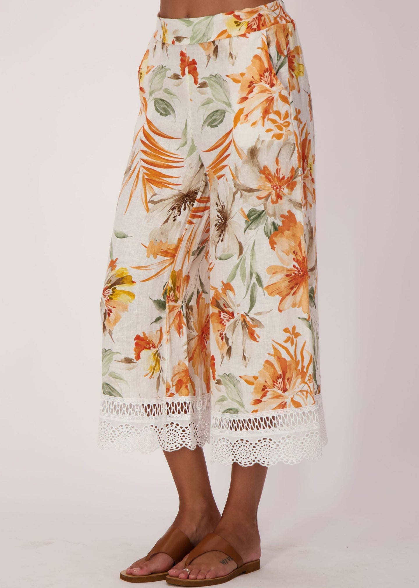 Spanner - Sunset Palm Lace Hem Linen Capri - SALE