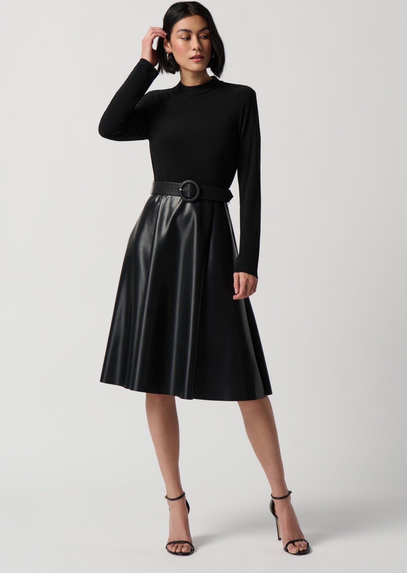 Joseph Ribkoff - Knit and Faux Leather Fit-and-Flare Dress