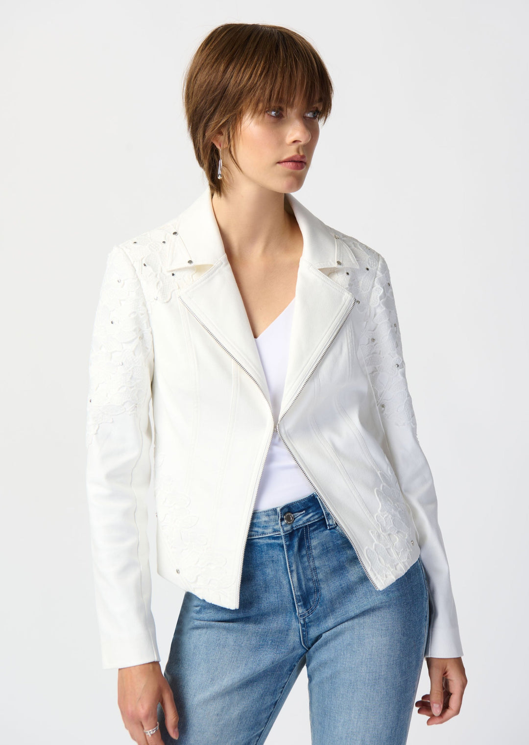 Joseph Ribkoff - Studded Foiled Suede Jacket with Floral Appliqué