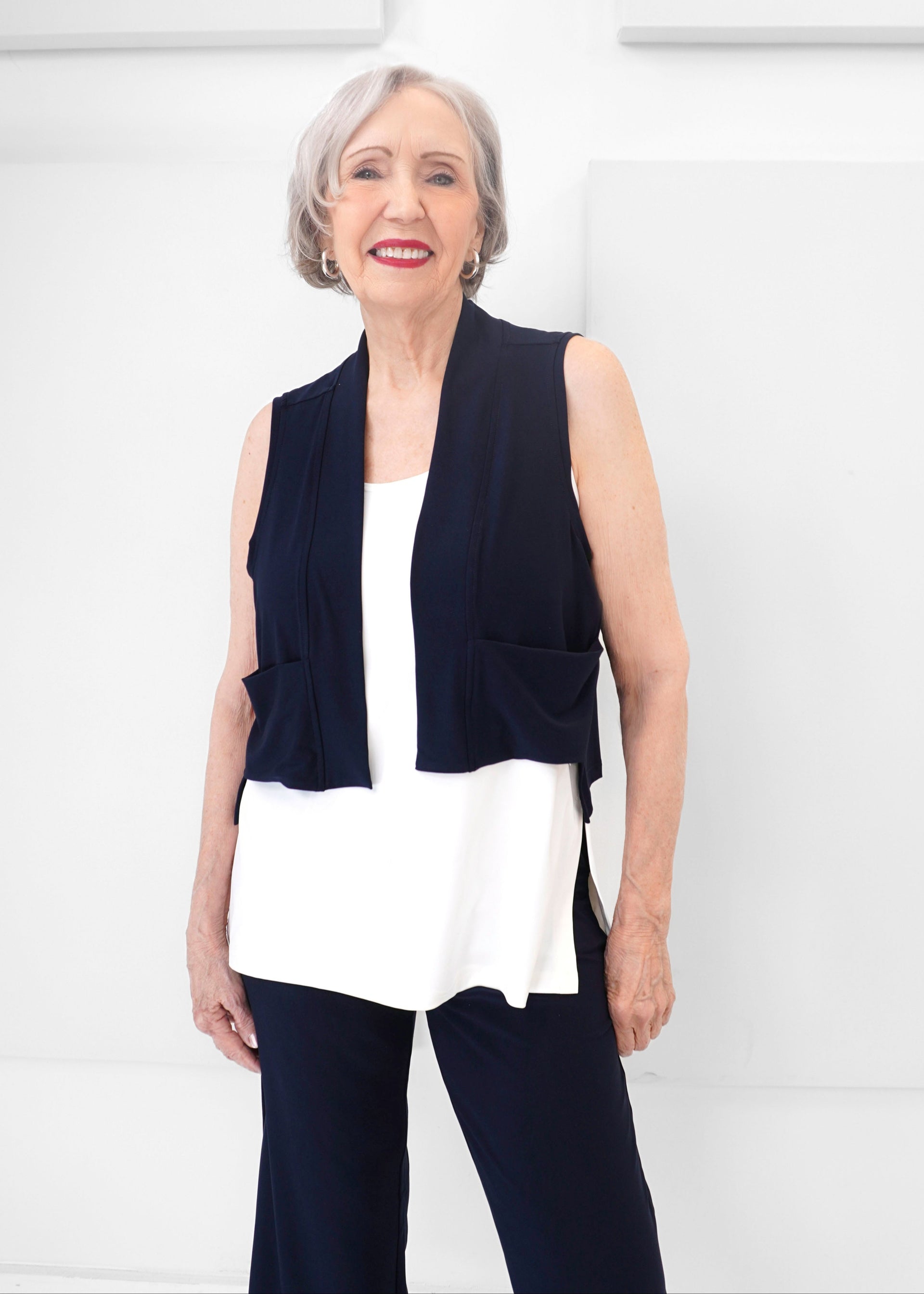 Sympli Women's Sleeveless Crop Smock - Layering Top With Asymmetrical Hem & Removable Pocket