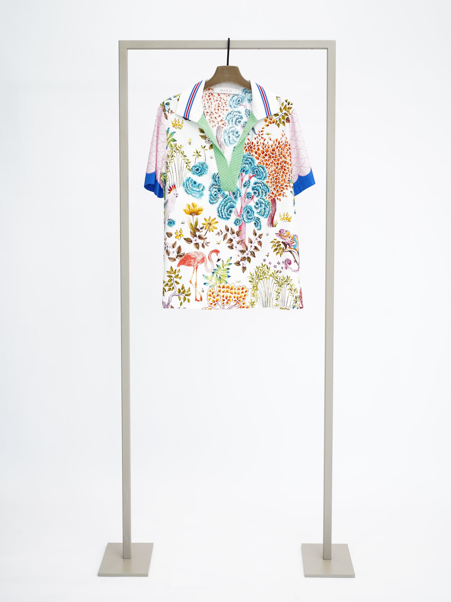 Herzen's - Silk Short Sleeve Open Neck Collared Blouse