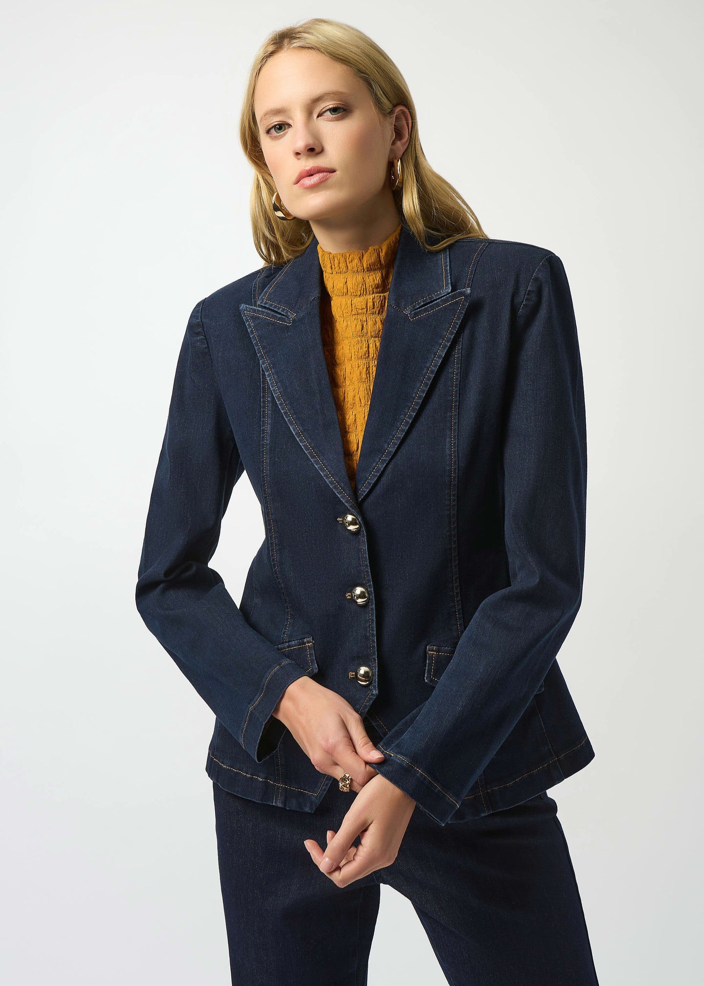 Joseph Ribkoff Stretch Denim Fitted Blazer with Gold Buttons
