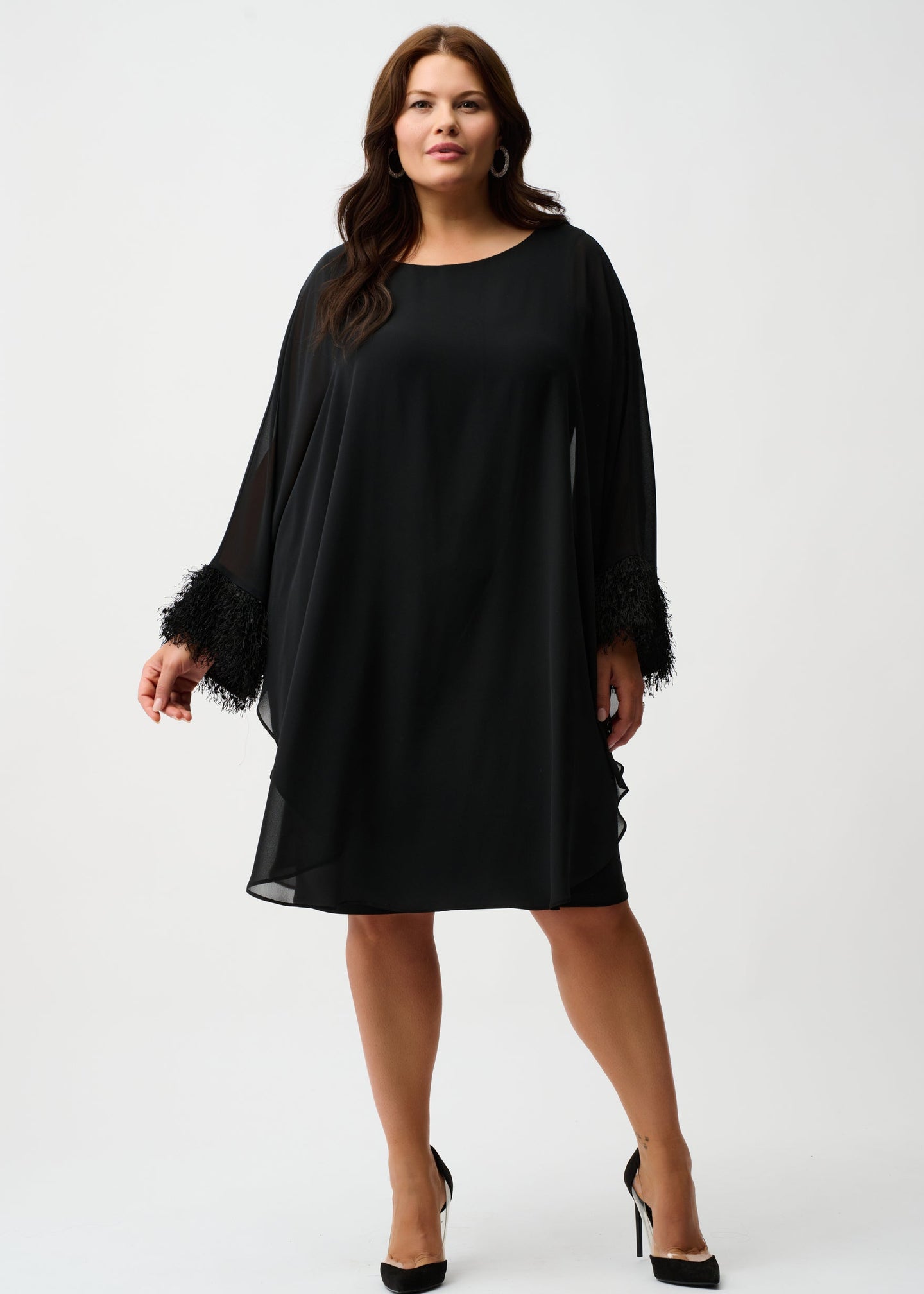 Joseph Ribkoff - Silky Knit & Chiffon Layered Dress with Fringe Detail