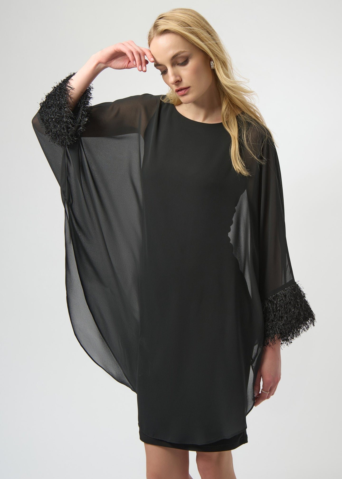 Joseph Ribkoff - Silky Knit & Chiffon Layered Dress with Fringe Detail