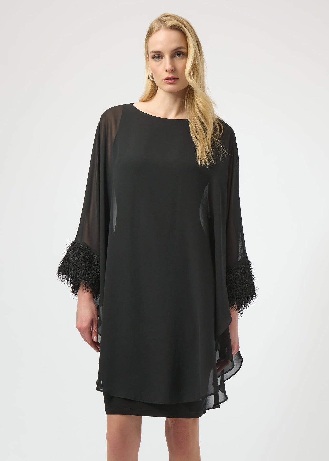Joseph Ribkoff - Silky Knit & Chiffon Layered Dress with Fringe Detail