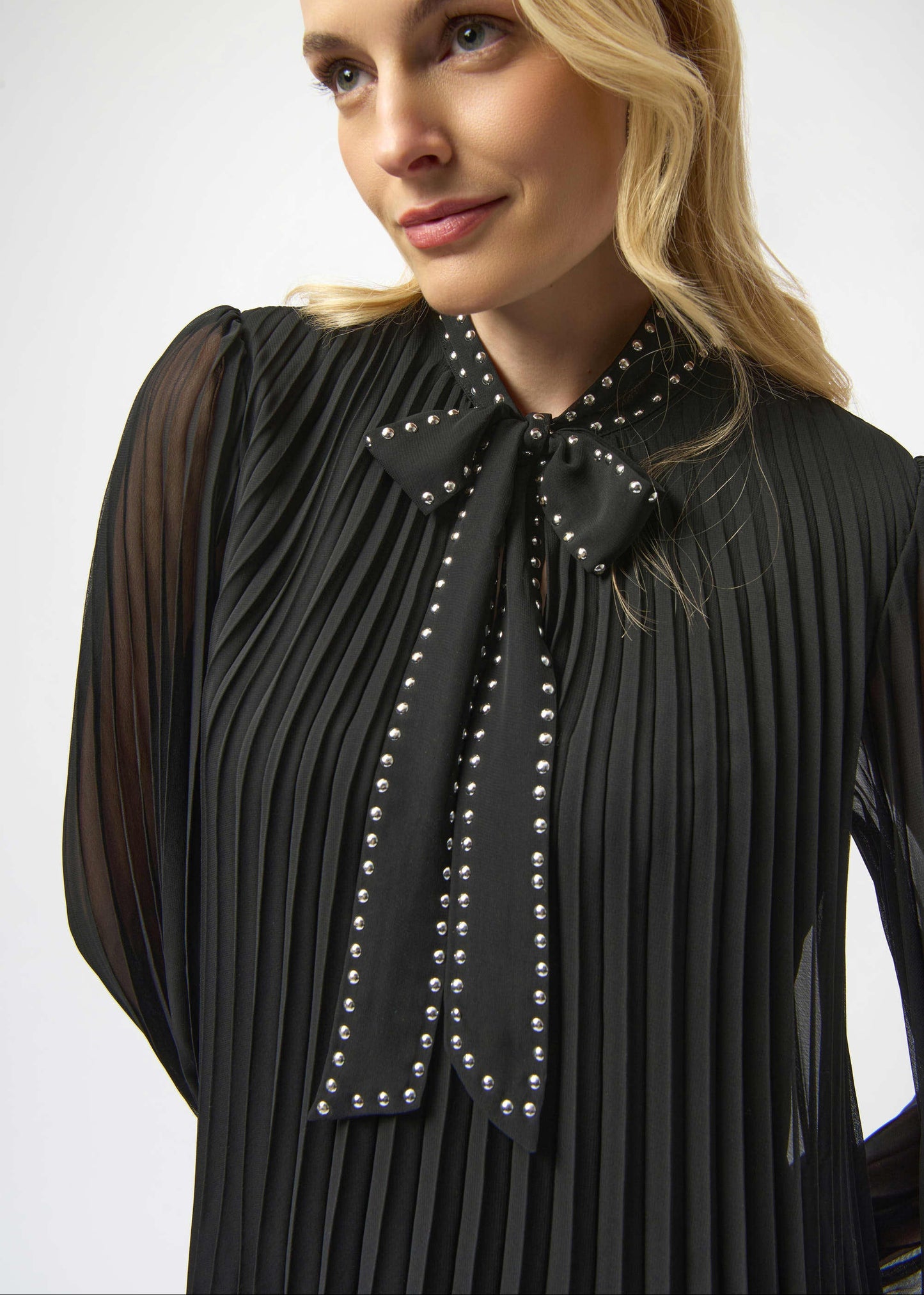 Joseph Ribkoff - Pleated Chiffon Aline Dress with Neck Tie