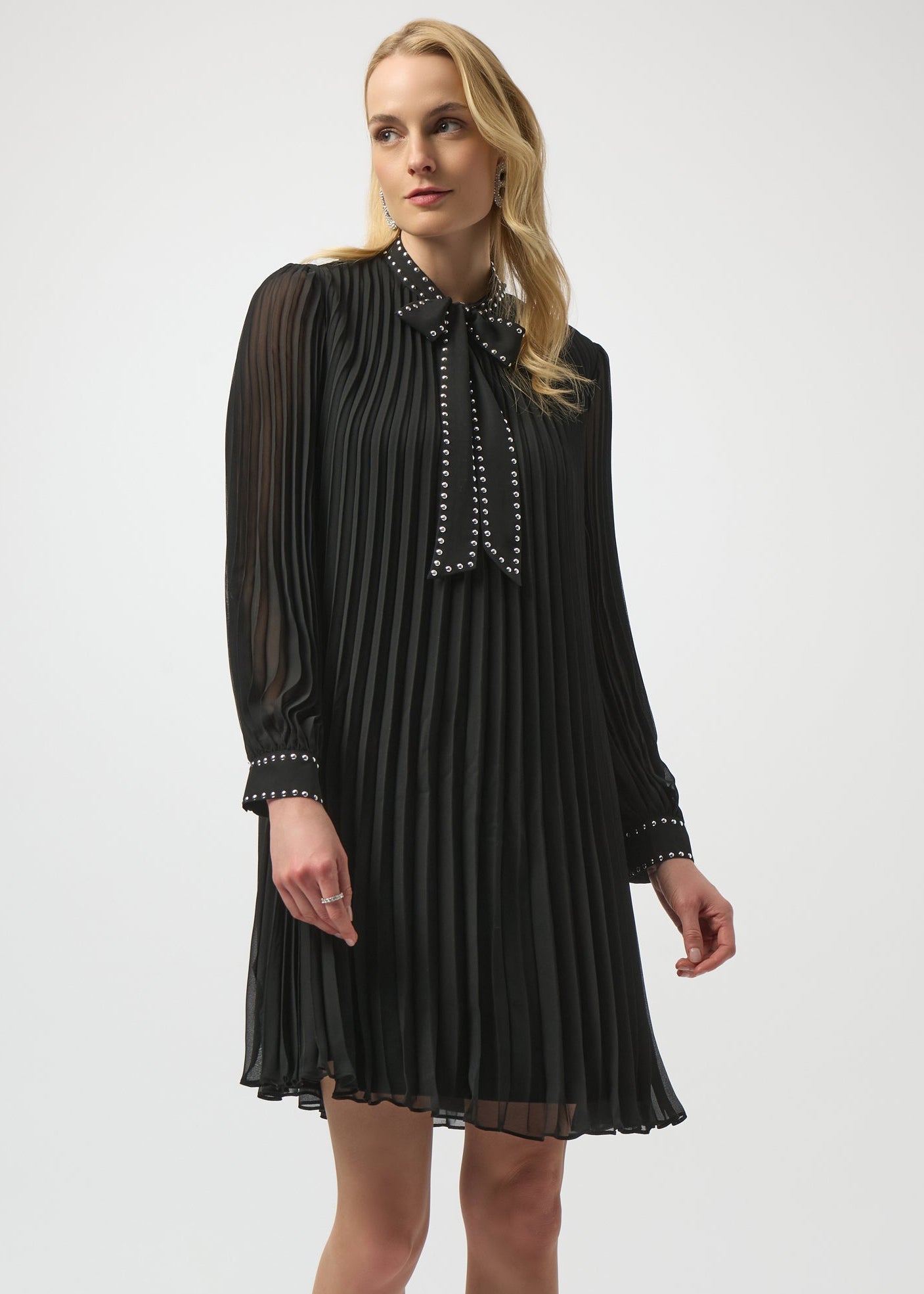 Joseph Ribkoff - Pleated Chiffon Aline Dress with Neck Tie