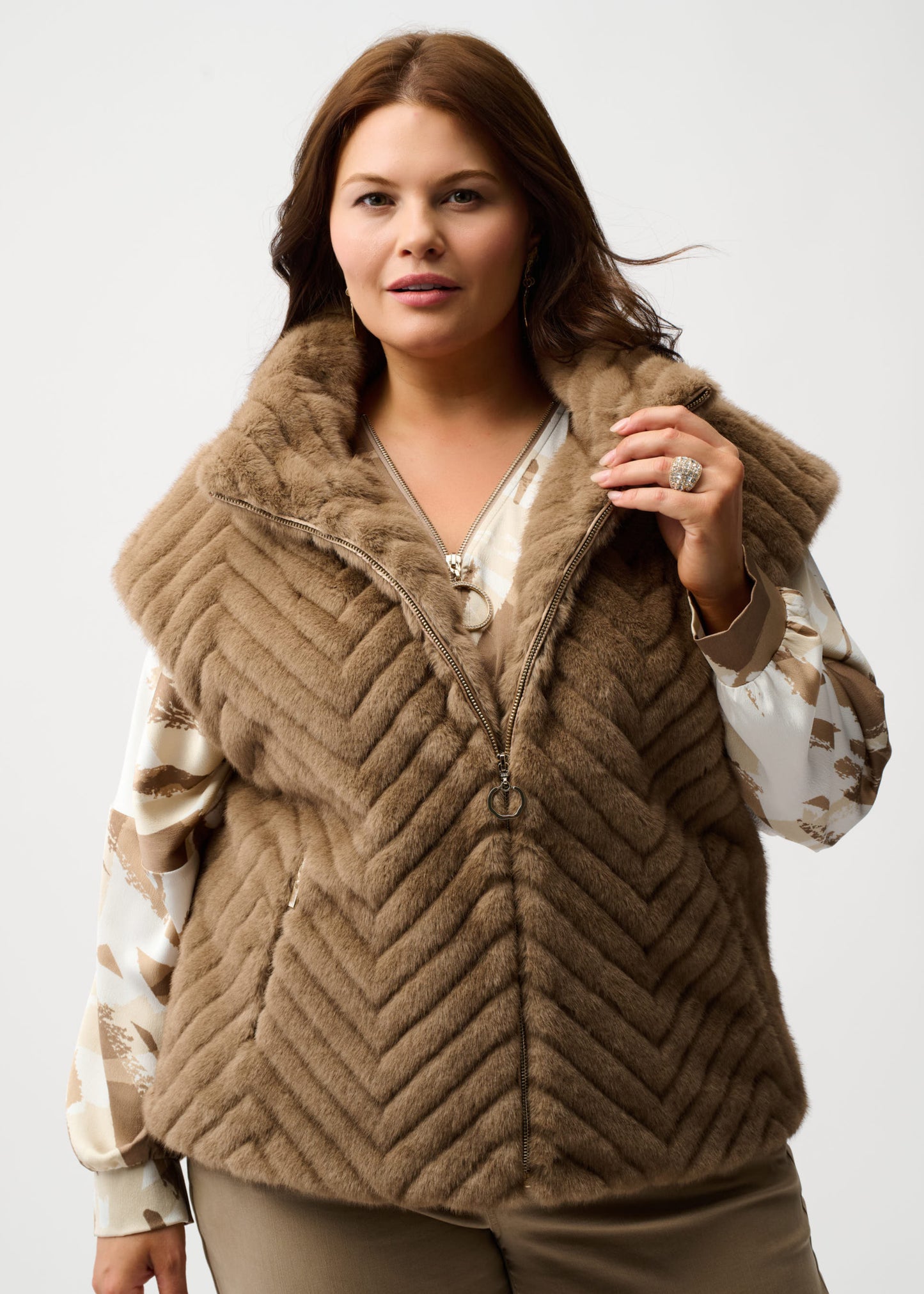 Joseph Ribkoff - Chevron Faux Fur Mock Neck Vest