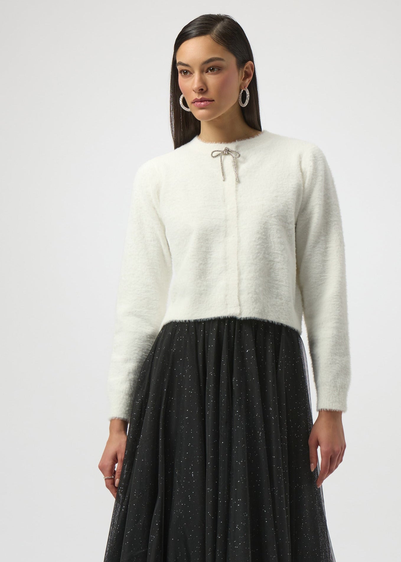 Joseph Ribkoff - Feather Yarn Cardigan with Rhinestone Bow