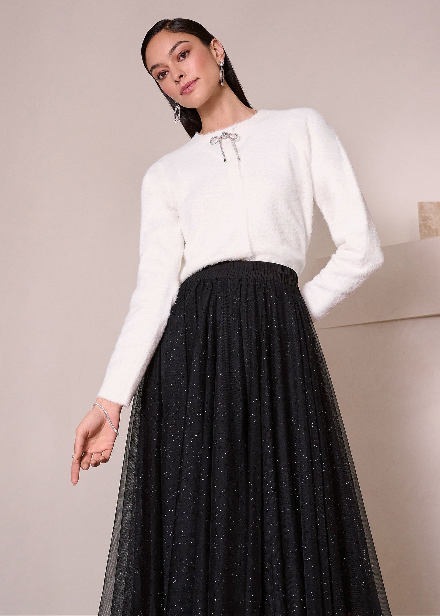 Joseph Ribkoff - Feather Yarn Cardigan with Rhinestone Bow