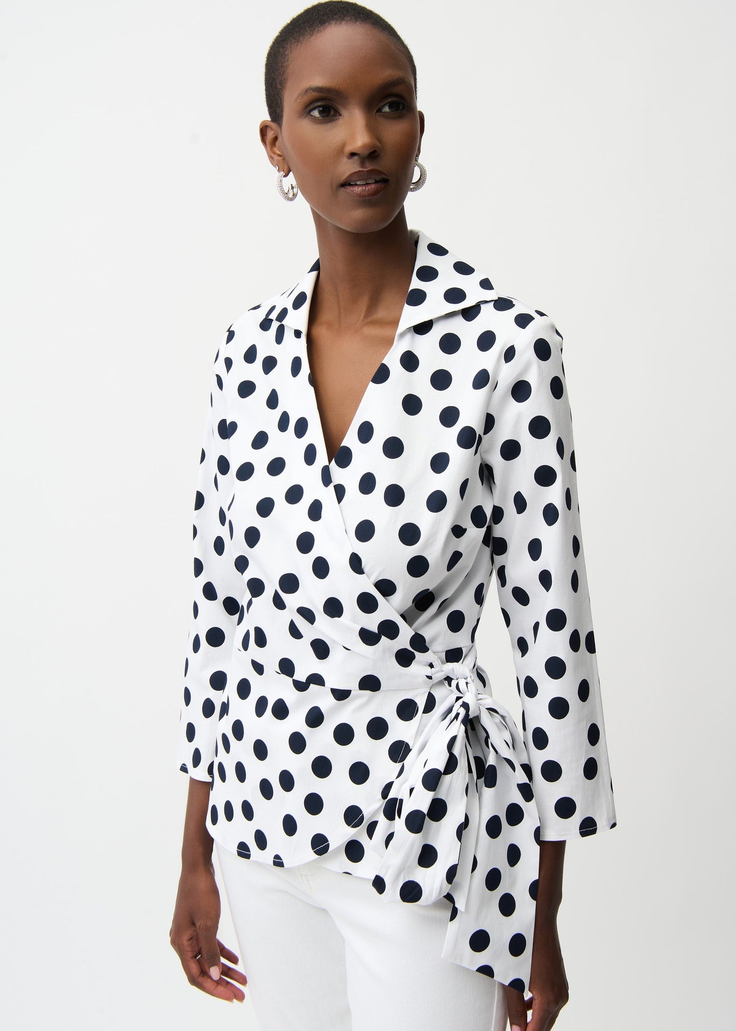 Joseph Ribkoff - Stretch Cotton Dot Print Wrap Top With Sash