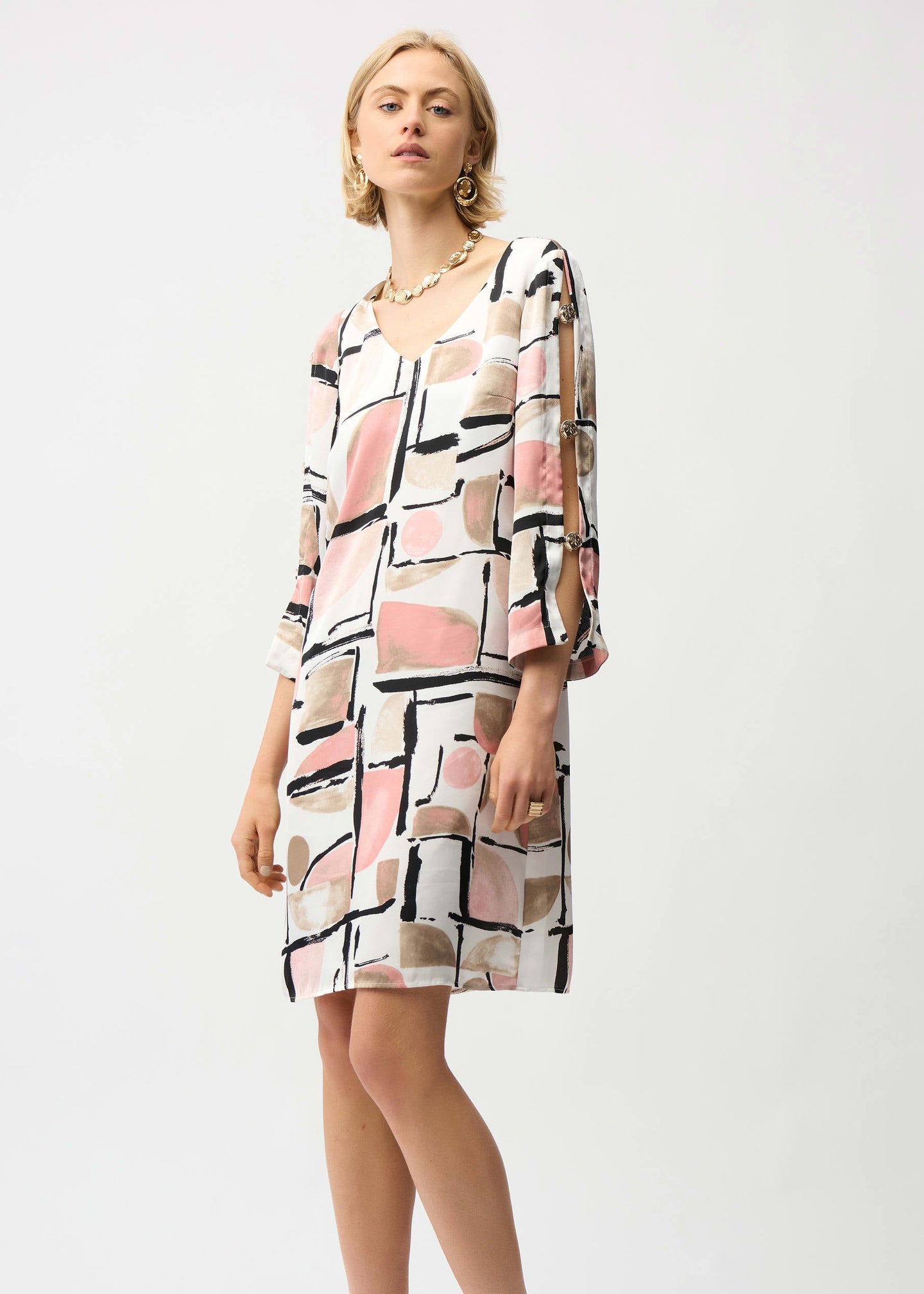 Joseph Ribkoff - Recycled Satin Abstract Print Trapeze Dress With Gold Detail