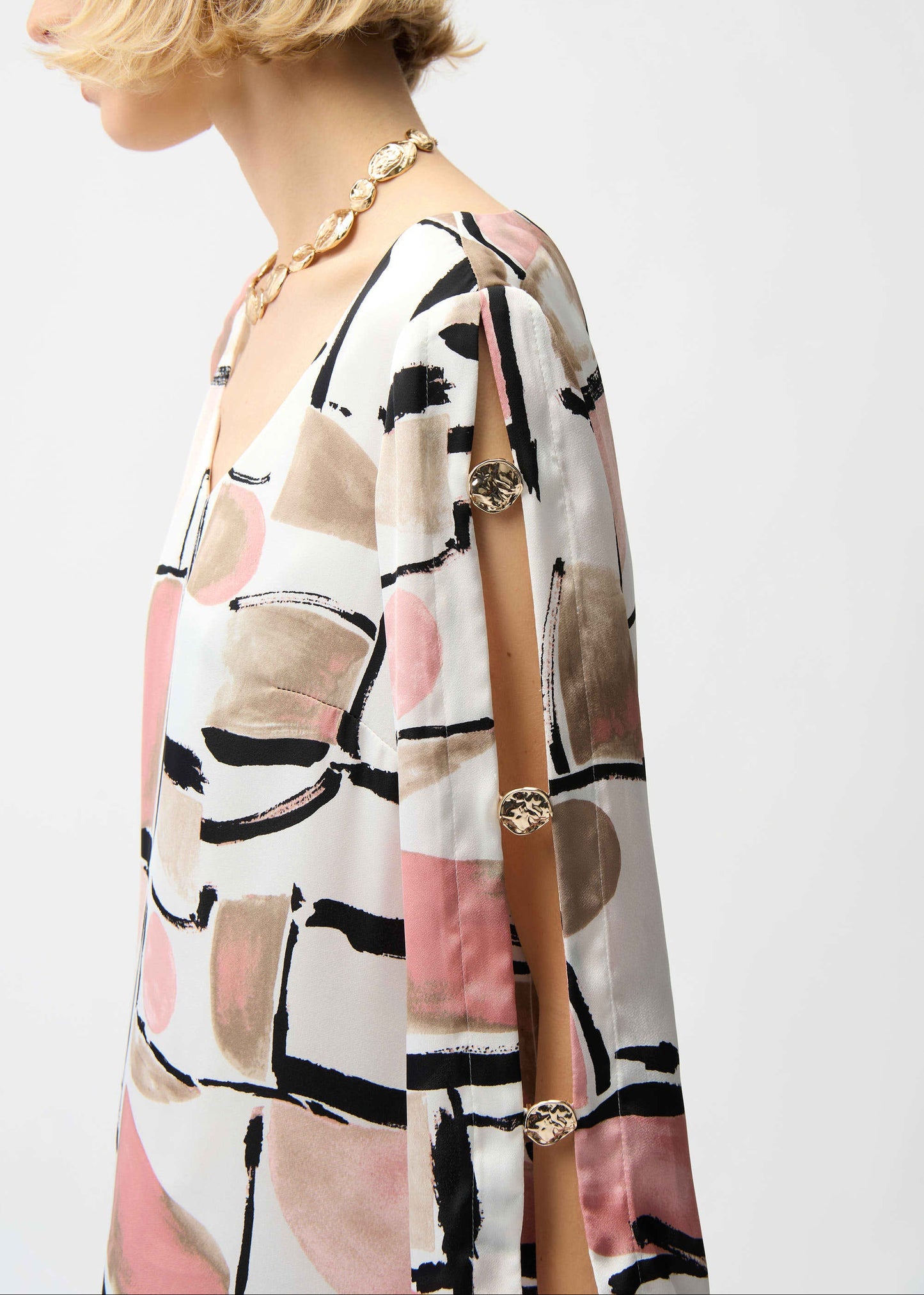 Joseph Ribkoff - Recycled Satin Abstract Print Trapeze Dress With Gold Detail