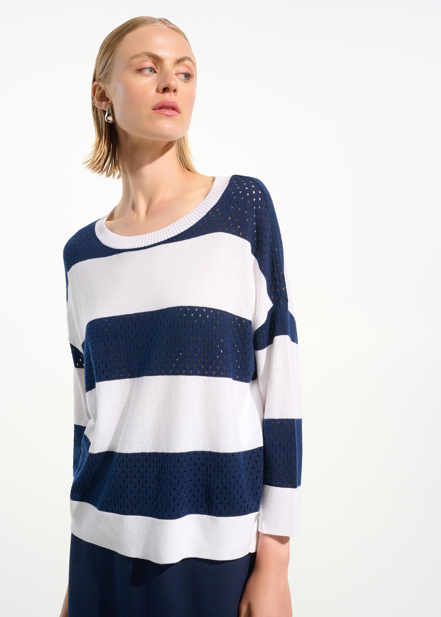 Joseph Ribkoff - Cotton Blend Stripe Print Crewneck Sweater