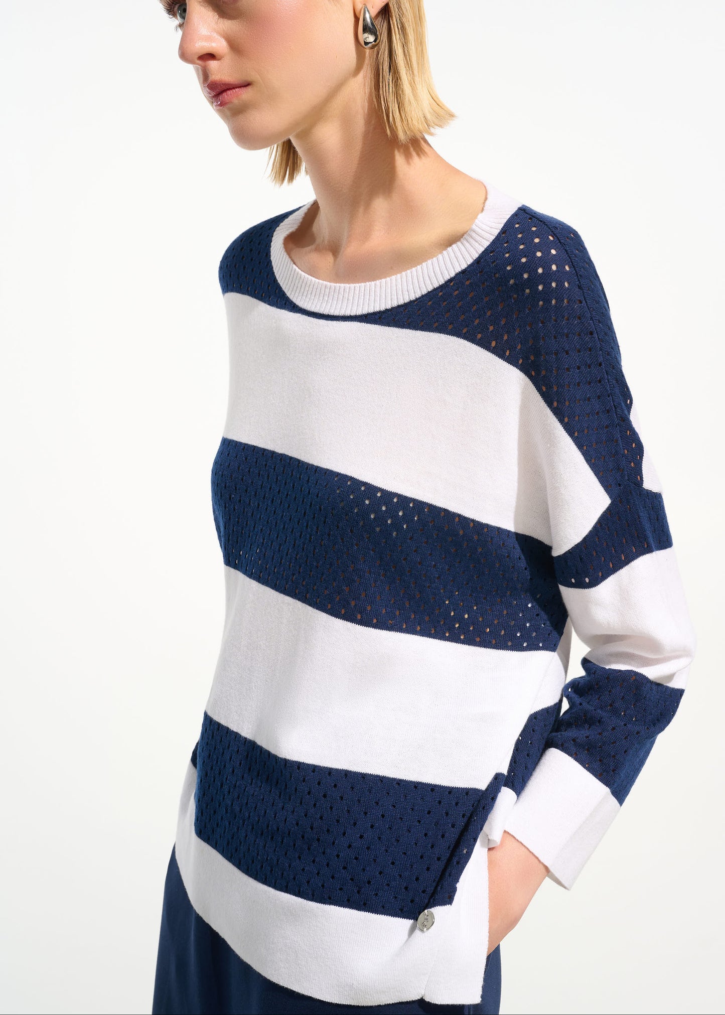 Joseph Ribkoff - Cotton Blend Stripe Print Crewneck Sweater