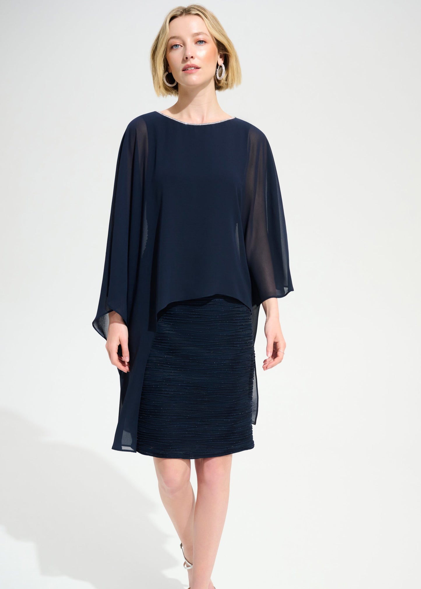 Joseph Ribkoff - Signature Cascade Knit Sheath Dress With Chiffon Poncho Overlay