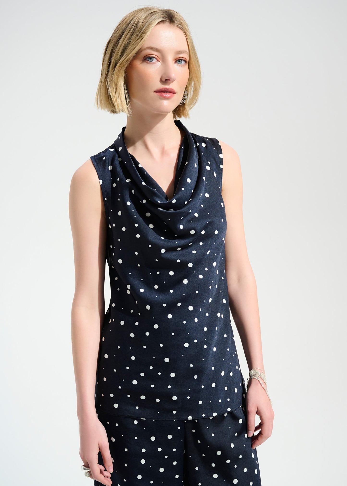 Joseph Ribkoff - Signature Recycled Satin Dot Print Sleeveless Cowl Neck Top