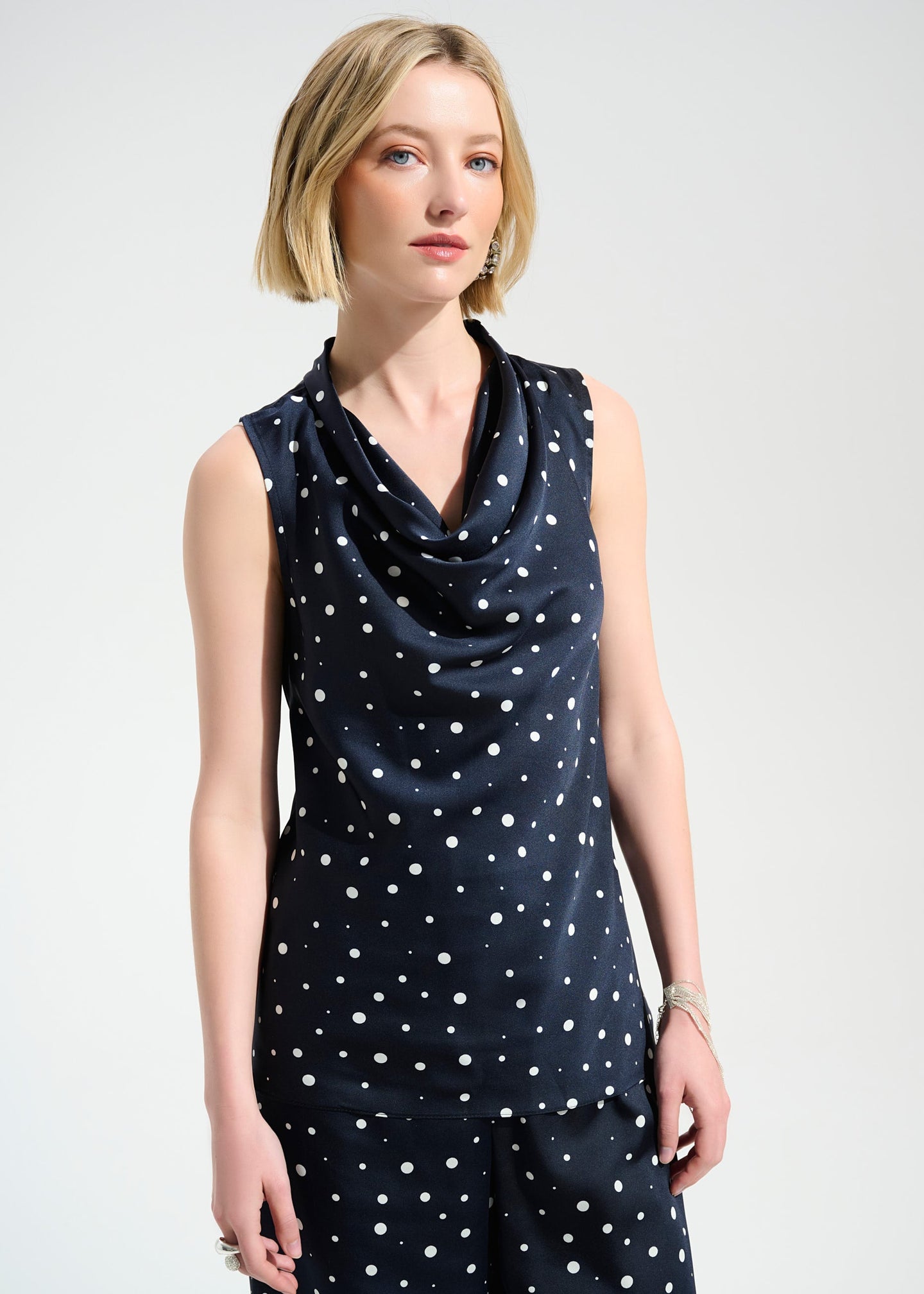 Joseph Ribkoff - Signature Recycled Satin Dot Print Sleeveless Cowl Neck Top