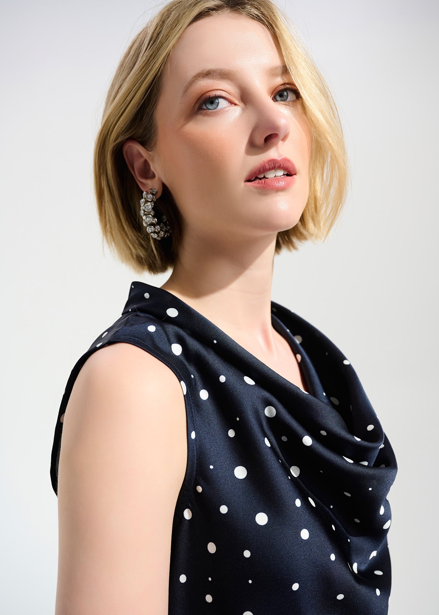 Joseph Ribkoff - Signature Recycled Satin Dot Print Sleeveless Cowl Neck Top