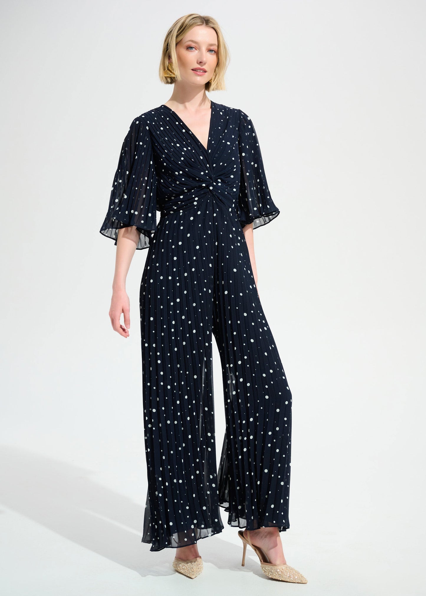 Joseph Ribkoff - Signature Pleated Chiffon Dot Print Wide Leg Jumpsuit With Knot Detail