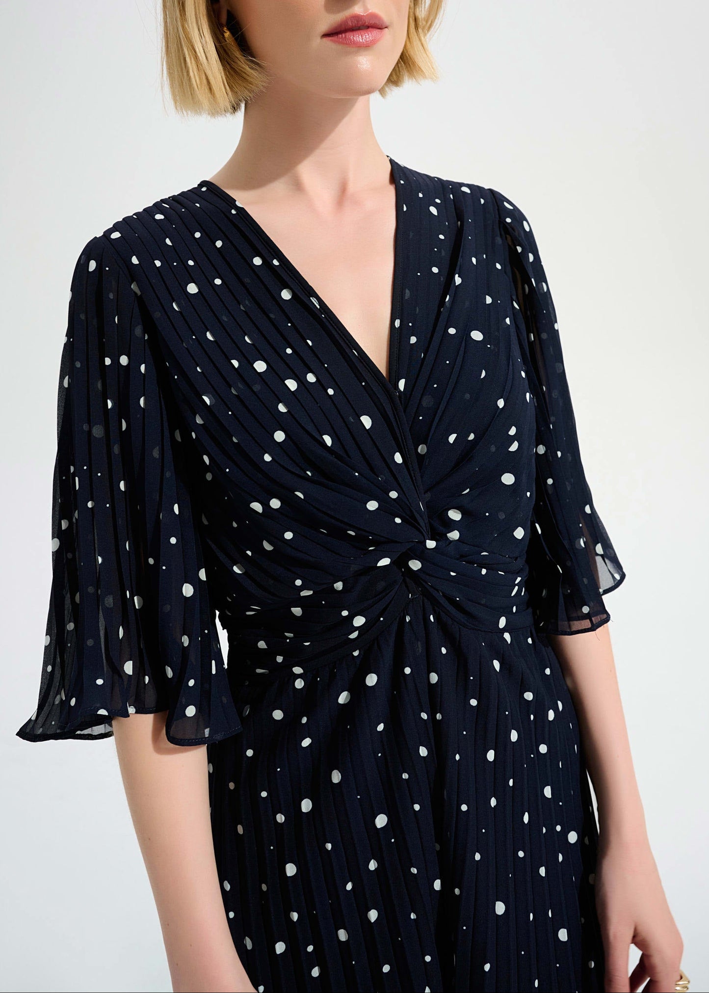 Joseph Ribkoff - Signature Pleated Chiffon Dot Print Wide Leg Jumpsuit With Knot Detail