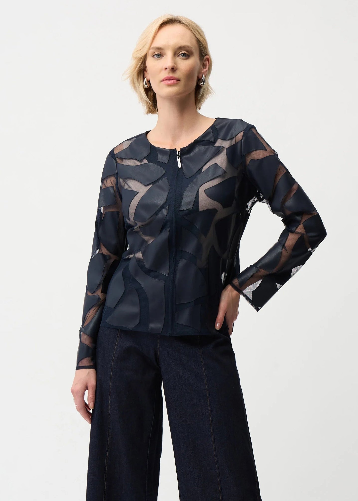 Joseph Ribkoff - Laser Cut Leatherette Giraffe Print Fitted Jacket