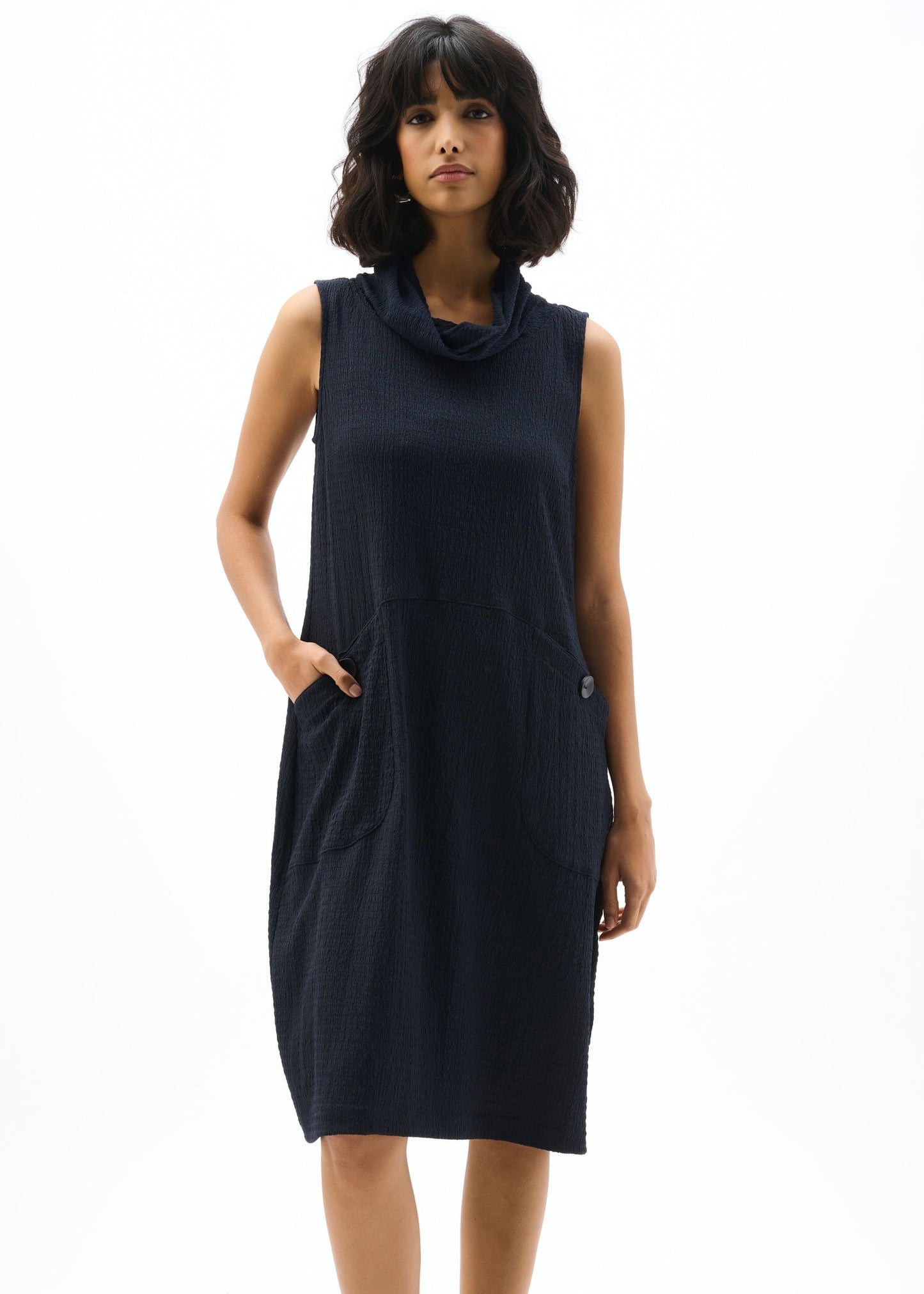 Joseph Ribkoff - Textured Knit Trapeze Dress With Funnel Collar